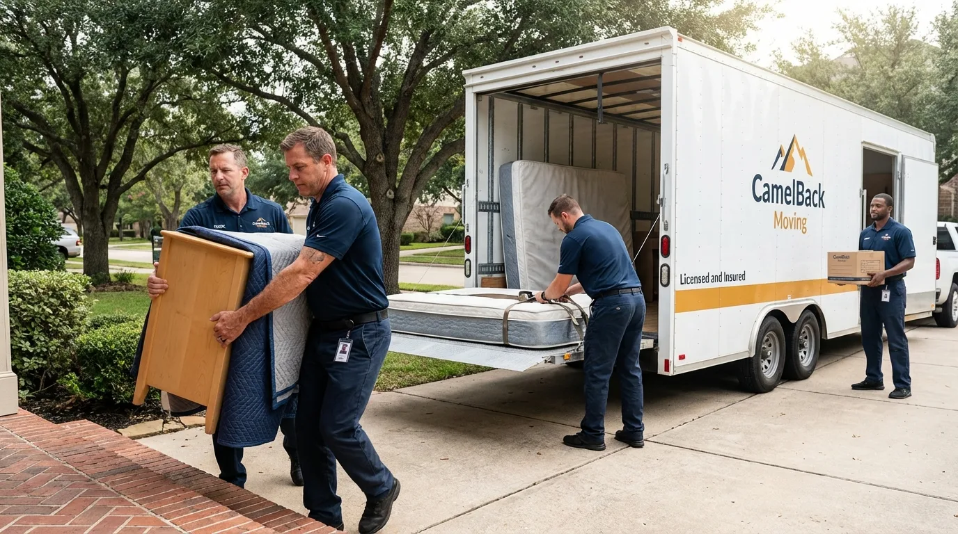 Crew loading residential truck for cross-state move from Ozona, TX
