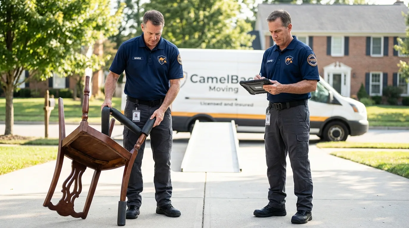 Movers inspecting furniture for damage prevention before loading in Ozona, TX