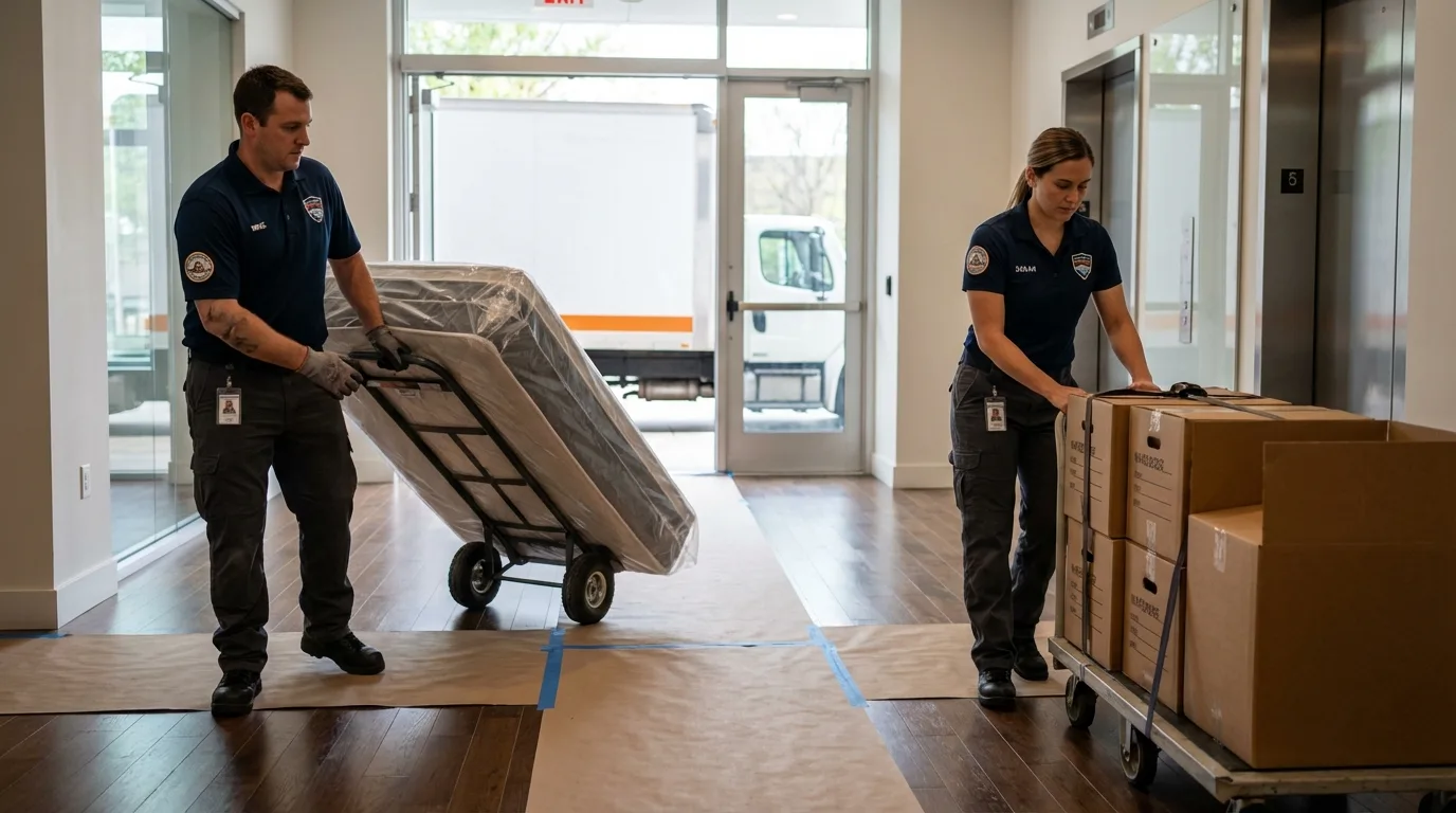 Professional apartment movers loading elevator in Ozona, TX
